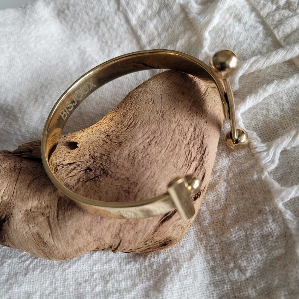 Brass bangle cuff bracelet barbell spheres. - Picture 5 of 6
